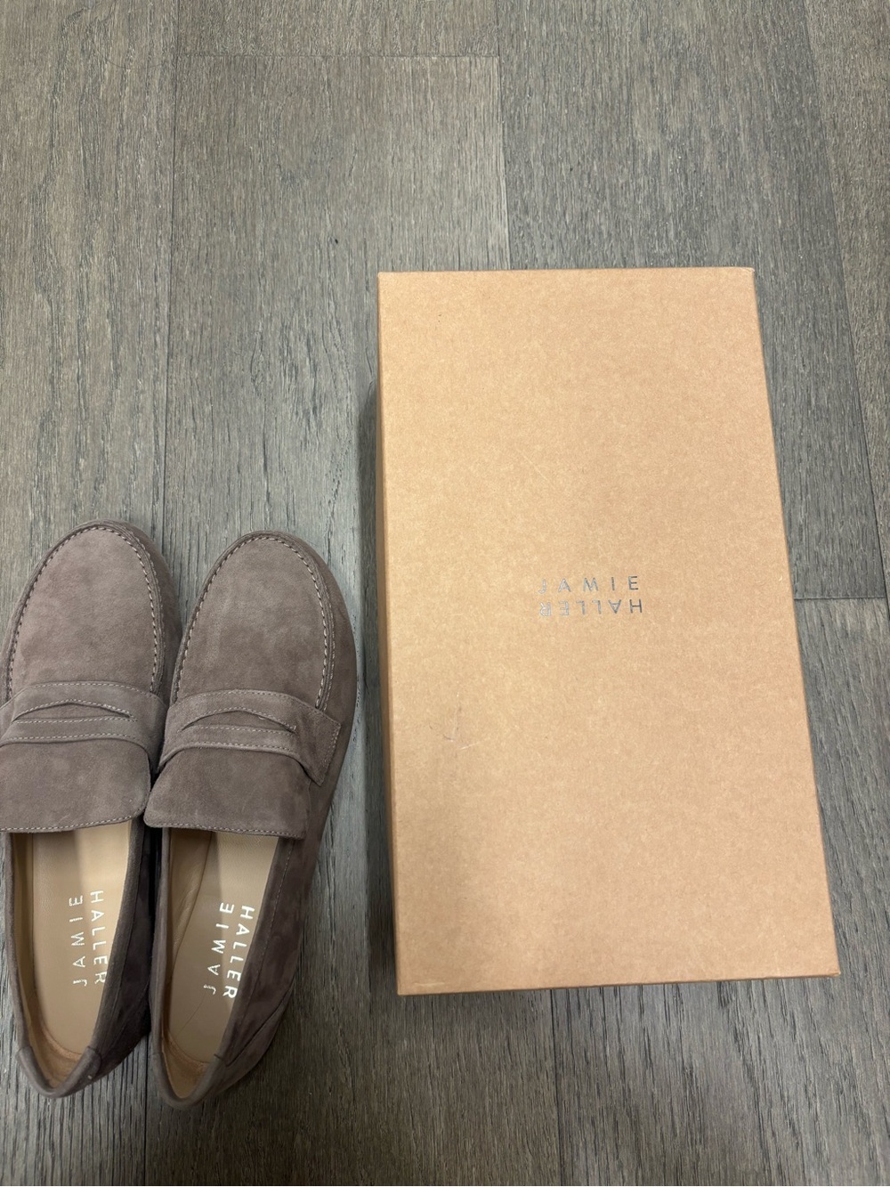 NWT JAMIE HALLER-Suede Taupe Penny Loafer (38) - Picture 5 of 7